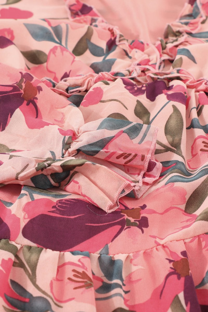 Floral Frill Trim Flounce Sleeve Plunge Maxi Dress - Taplike