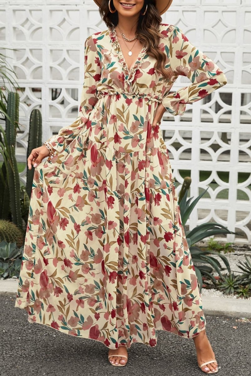 Floral Frill Trim Flounce Sleeve Plunge Maxi Dress - Taplike