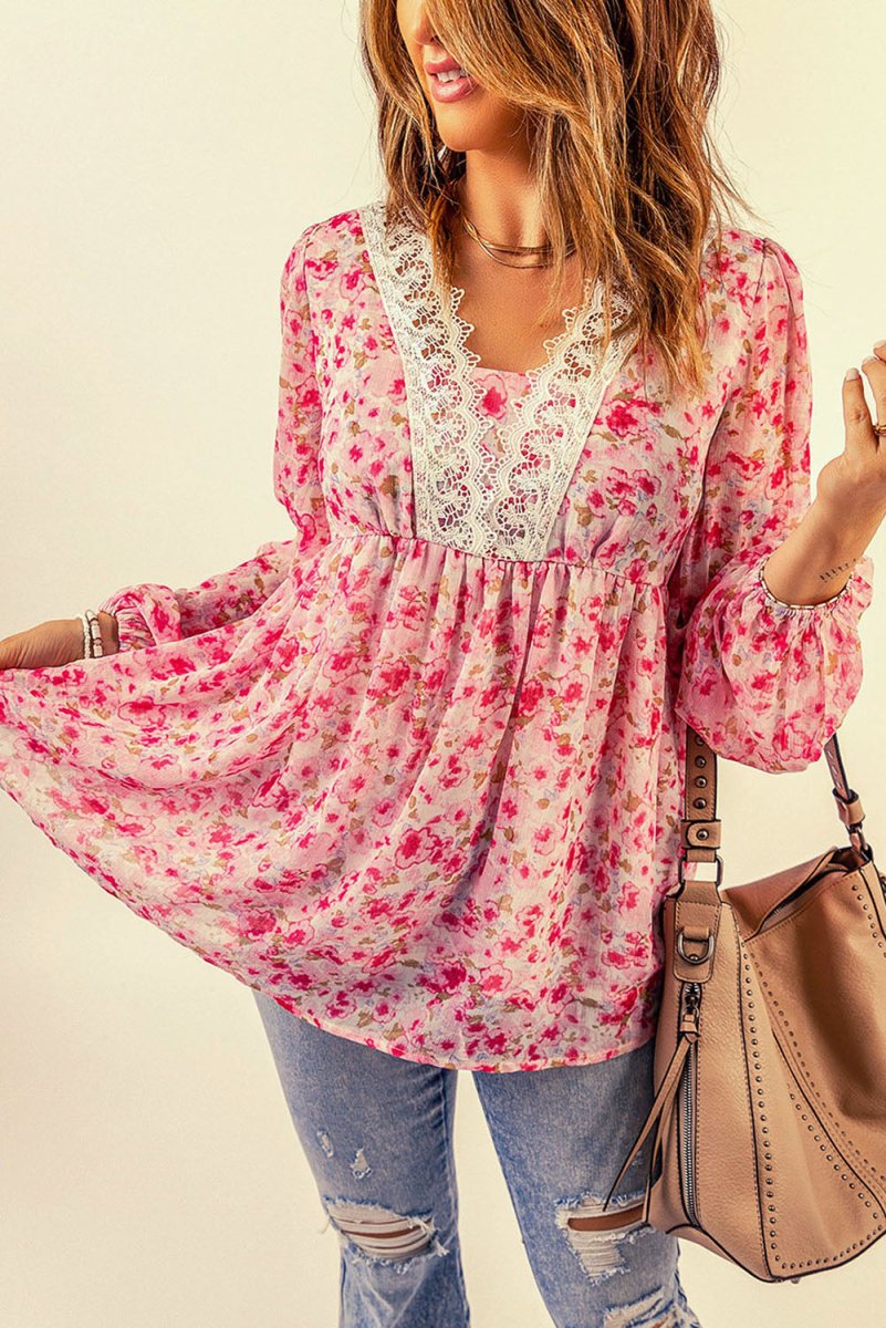 Floral Lace Trim Balloon Sleeve Blouse - TapLike
