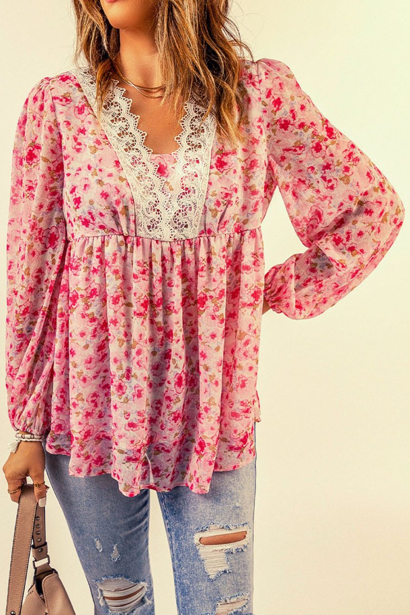 Floral Lace Trim Balloon Sleeve Blouse - TapLike