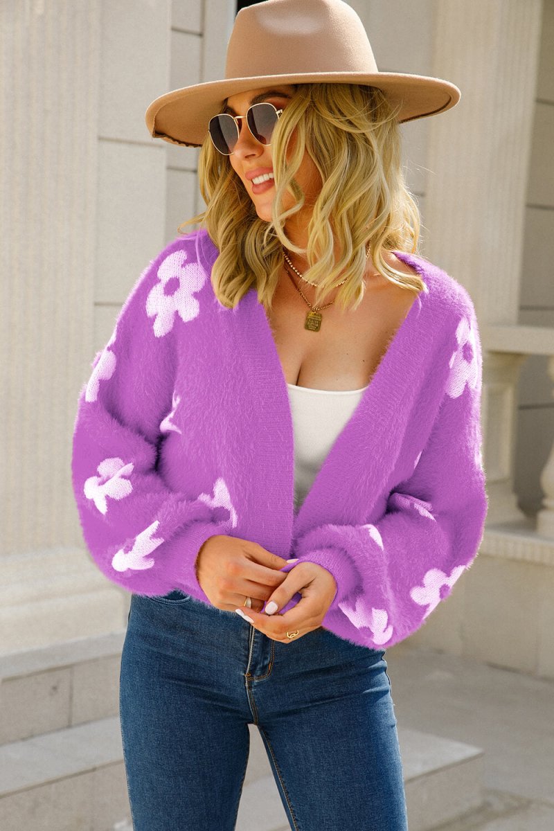 Floral Open Front Fuzzy Cardigan - TapLike