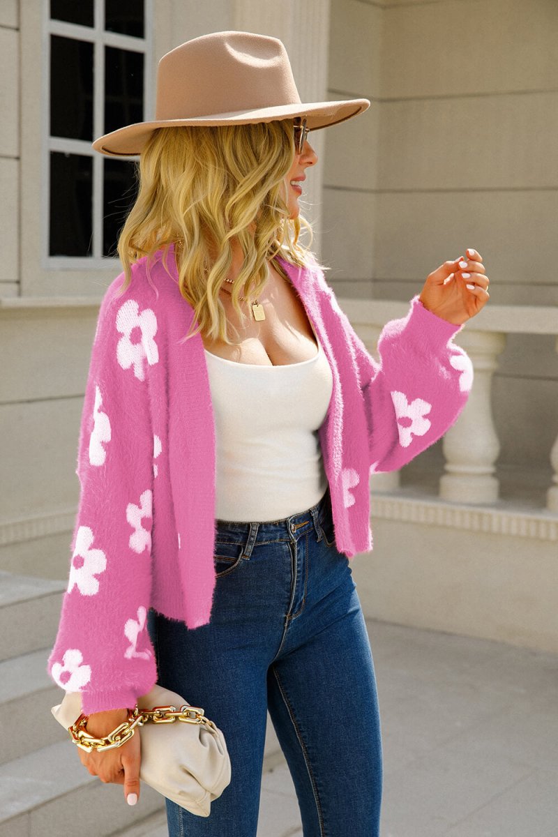Floral Open Front Fuzzy Cardigan - TapLike