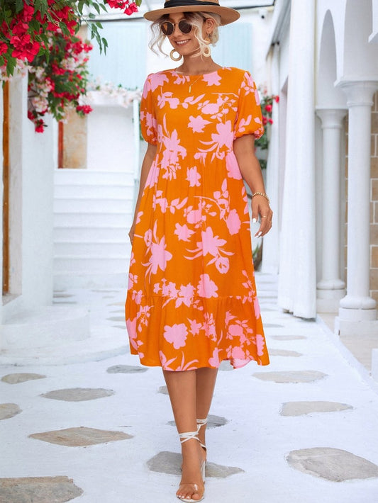 Floral Puff Sleeve Ruffle Hem Midi Dress | 10010086672 - TapLike