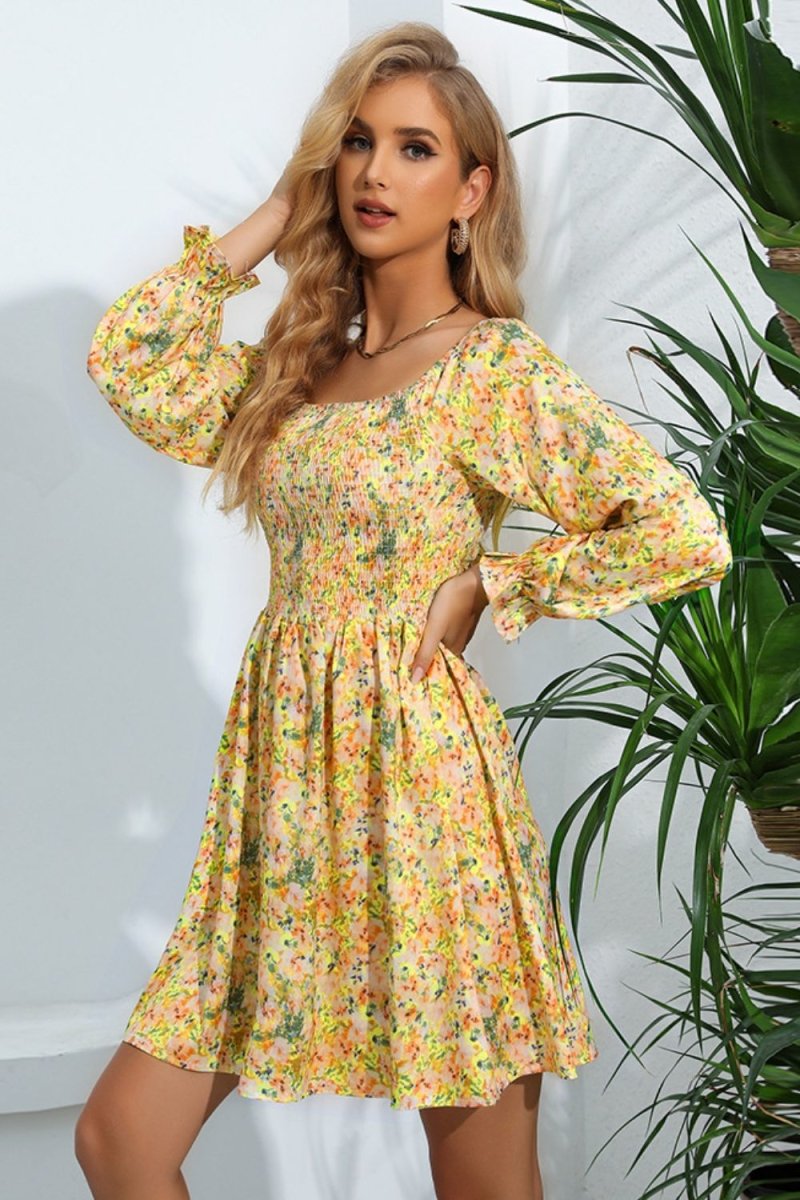 Floral Smocked Square Neck Dress X - Taplike