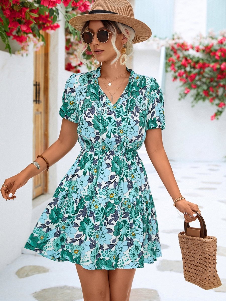 Floral Tie Neck Puff Sleeve Tiered Dress - TapLike