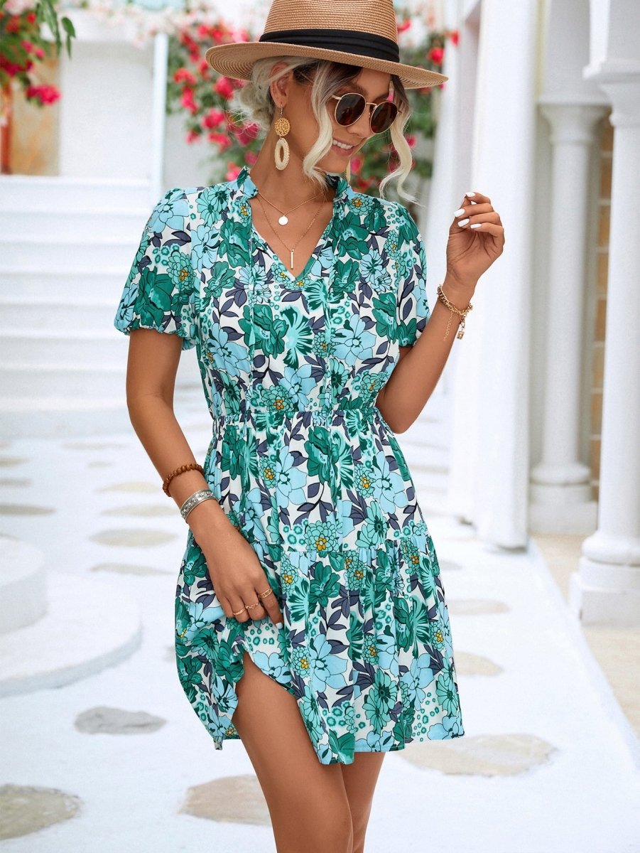 Floral Tie Neck Puff Sleeve Tiered Dress - TapLike