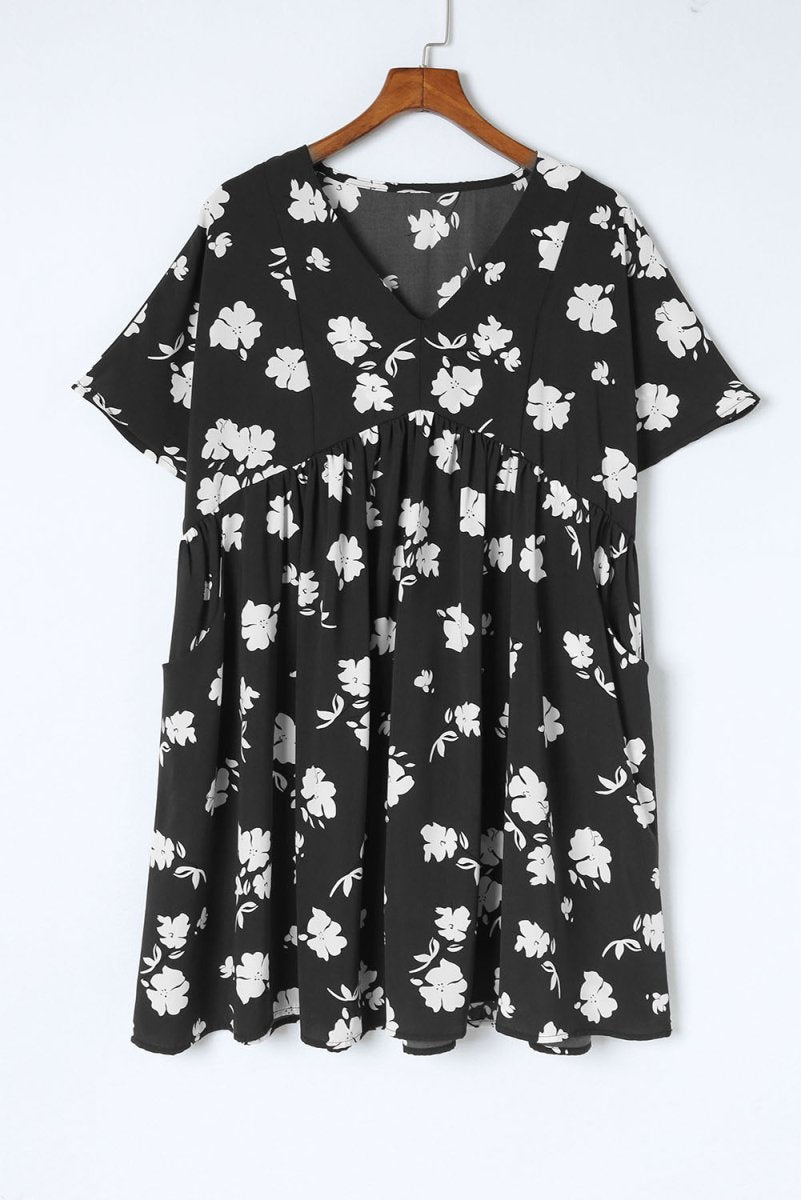 Floral V-Neck Pocket A-Line Dress X - Taplike