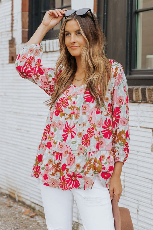 Floral V-Neck Tiered Babydoll Blouse - TapLike