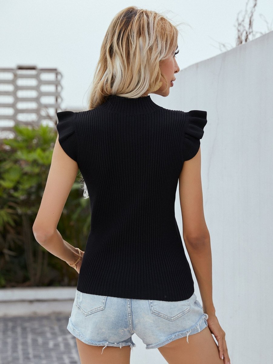 Flutter Sleeve Mock Neck Ribbed Top - TapLike