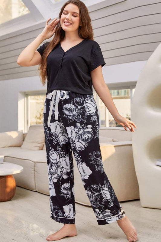 Full Size V-Neck Top and Floral Pants Lounge Set | 10010009037 - TapLike