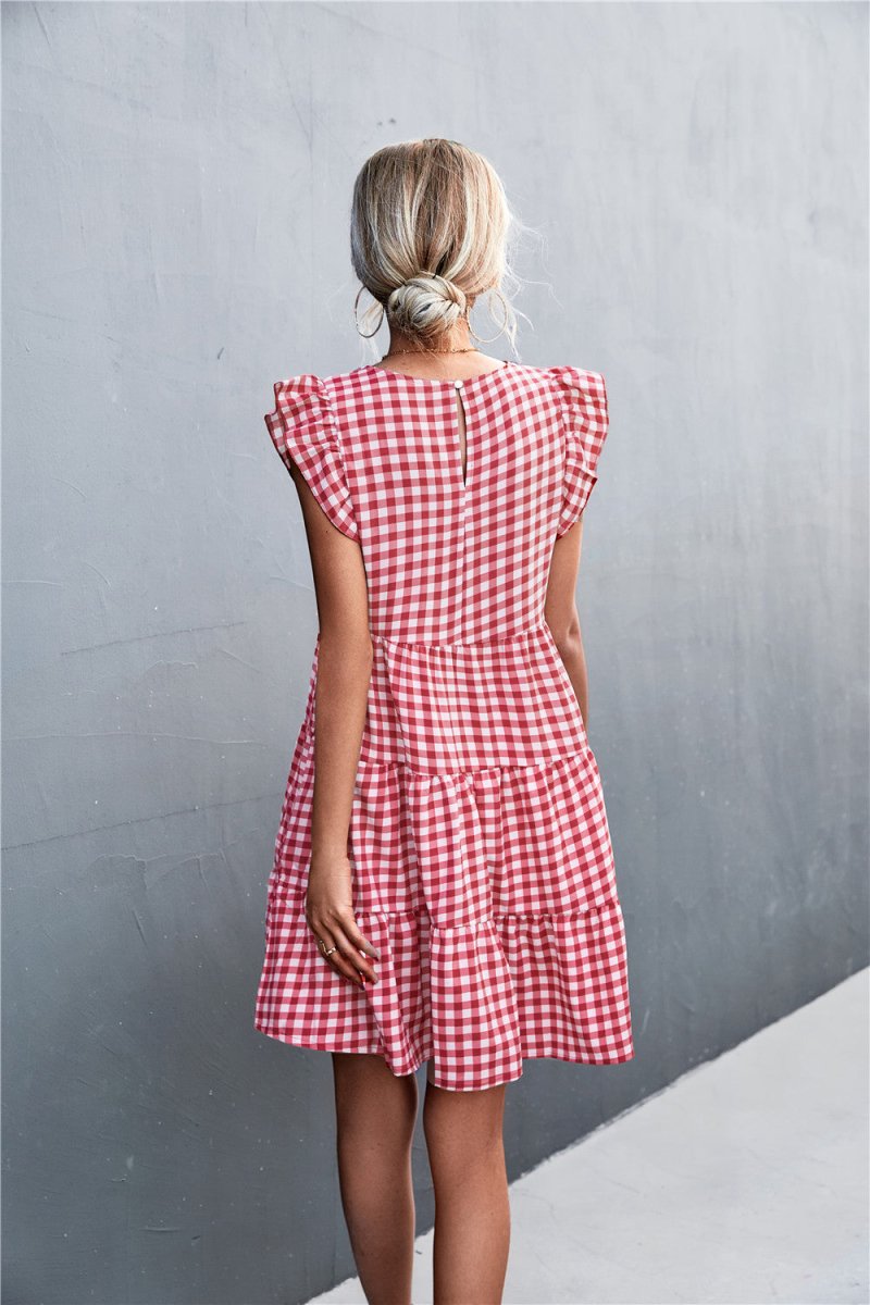 Gingham Ruffle Shoulder Tiered Dress 10010067500 - TapLike