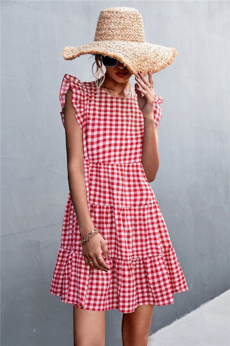 Gingham Ruffle Shoulder Tiered Dress 10010067500 - TapLike