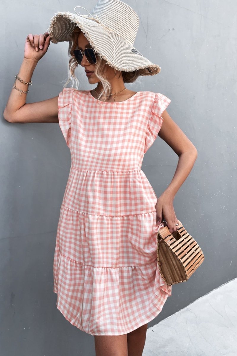 Gingham Ruffle Shoulder Tiered Dress 10010067500 - TapLike