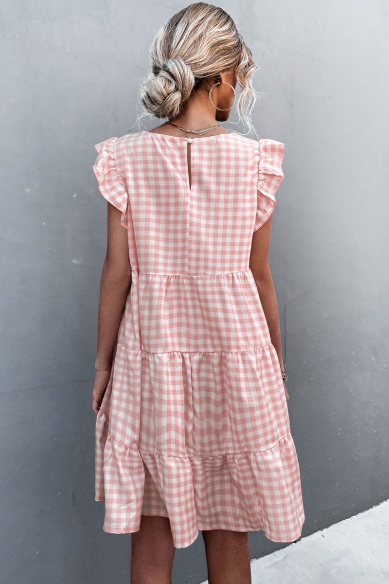 Gingham Ruffle Shoulder Tiered Dress 10010067500 - TapLike