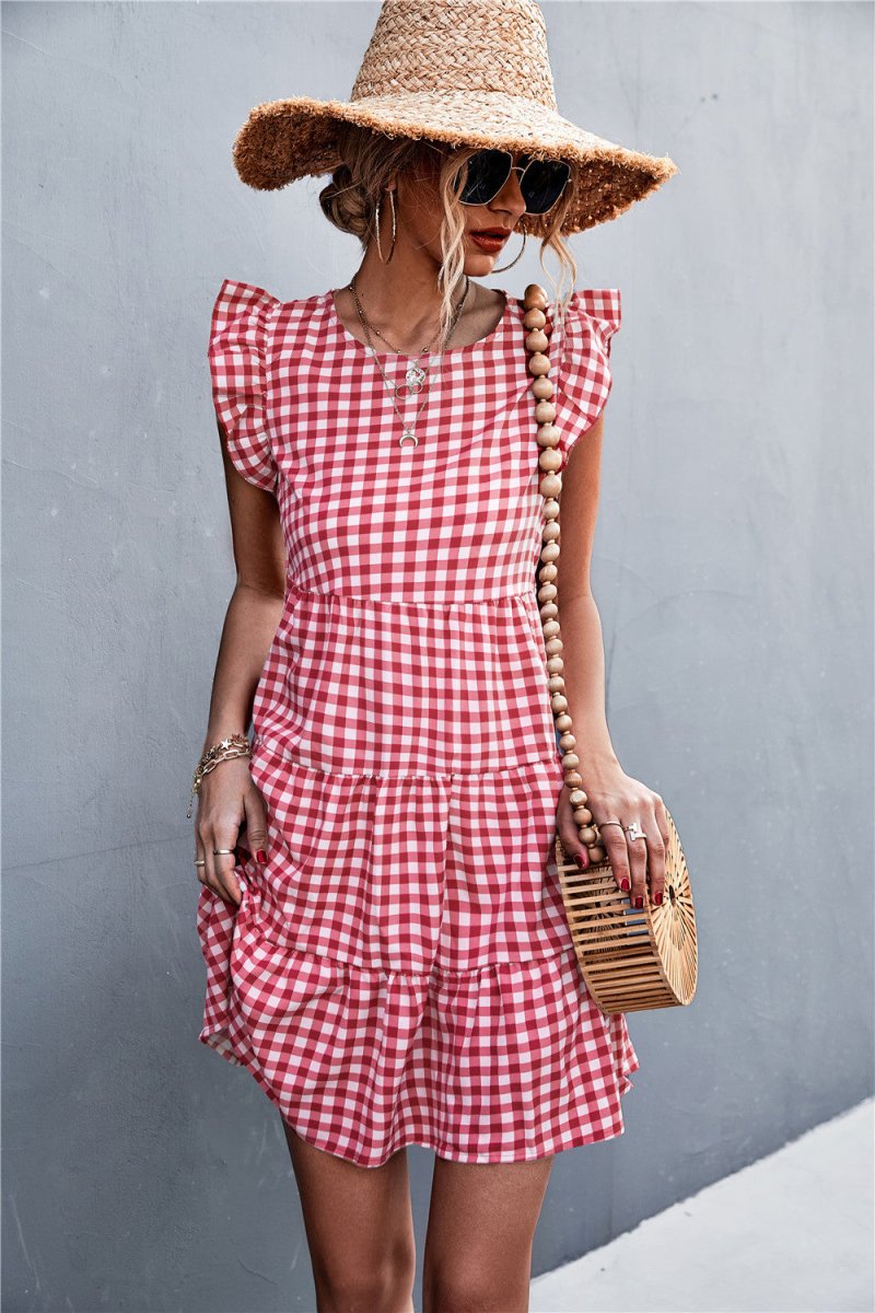 Gingham Ruffle Shoulder Tiered Dress 10010067500 - TapLike