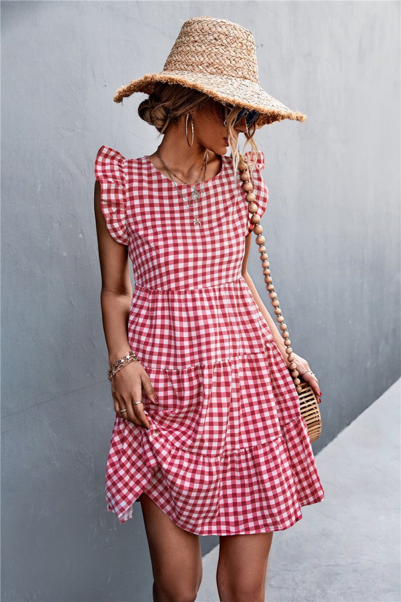 Gingham Ruffle Shoulder Tiered Dress 10010067500 - TapLike