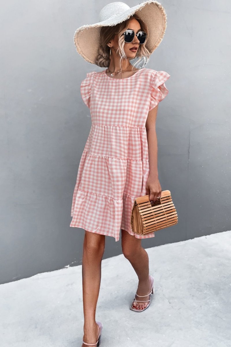 Gingham Ruffle Shoulder Tiered Dress 10010067500 - TapLike