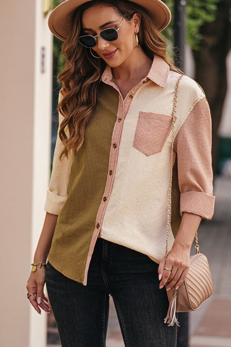 Grid Color Block Button-Up Shirt - TapLike
