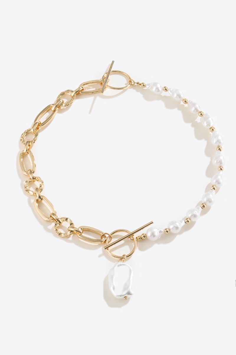 Half Pearl Half Chain Toggle Clasp Necklace - TapLike