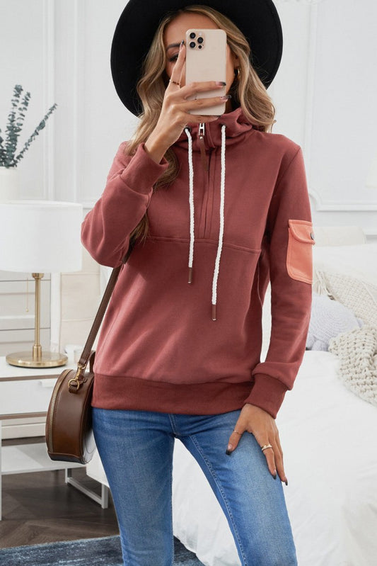 Half Zip Patch Pocket Drawstring Hoodie - TapLike