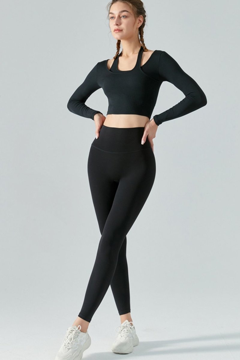 Halter Neck Long Sleeve Cropped Sports Top - TapLike