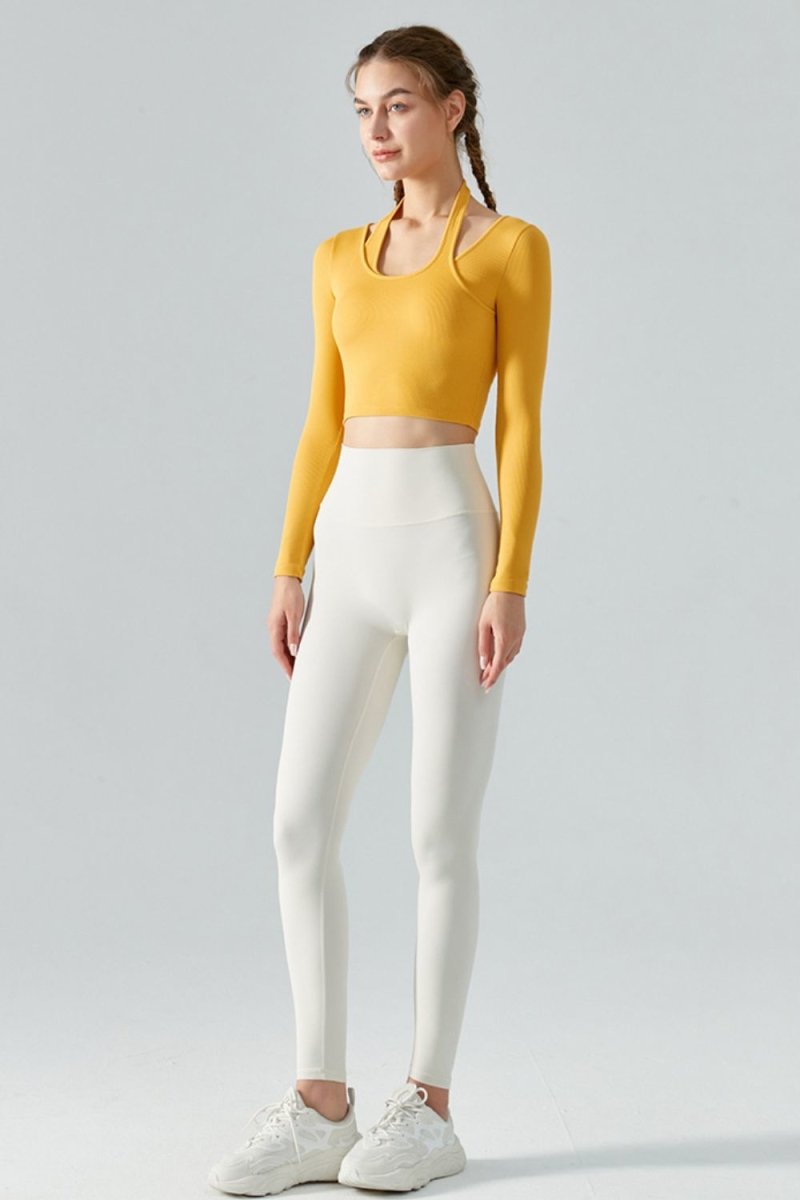 Halter Neck Long Sleeve Cropped Sports Top - TapLike