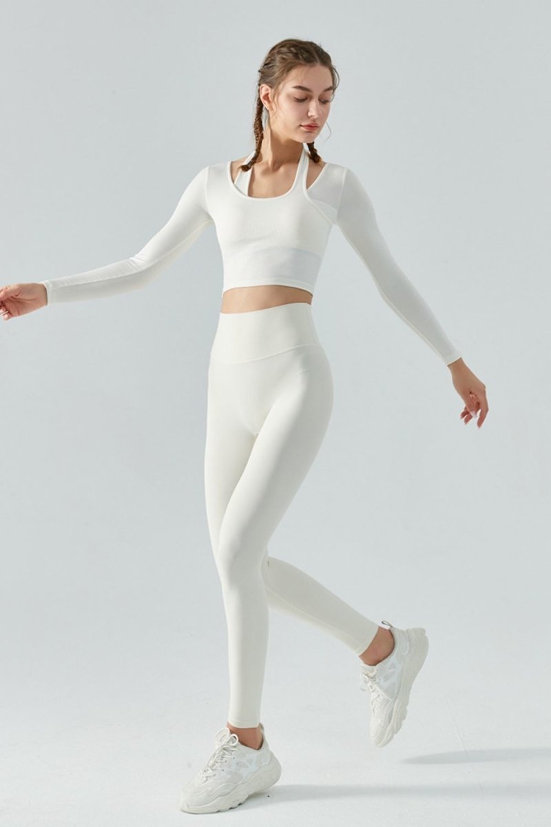 Halter Neck Long Sleeve Cropped Sports Top - TapLike