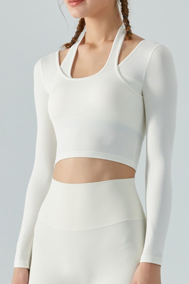 Halter Neck Long Sleeve Cropped Sports Top - TapLike