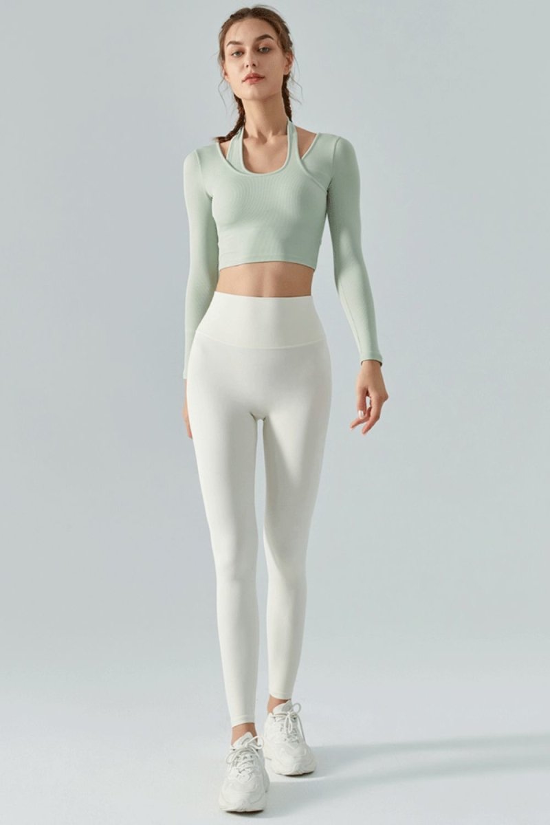 Halter Neck Long Sleeve Cropped Sports Top - TapLike
