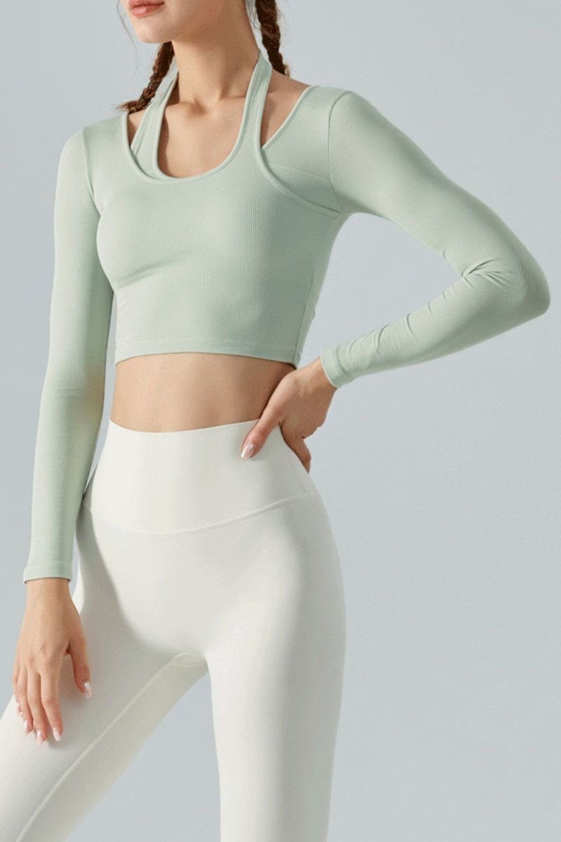 Halter Neck Long Sleeve Cropped Sports Top - TapLike