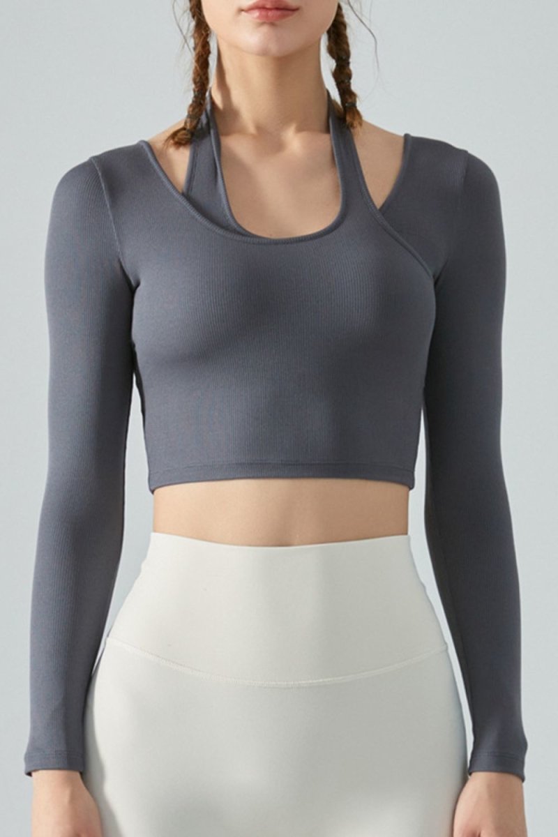 Halter Neck Long Sleeve Cropped Sports Top - TapLike