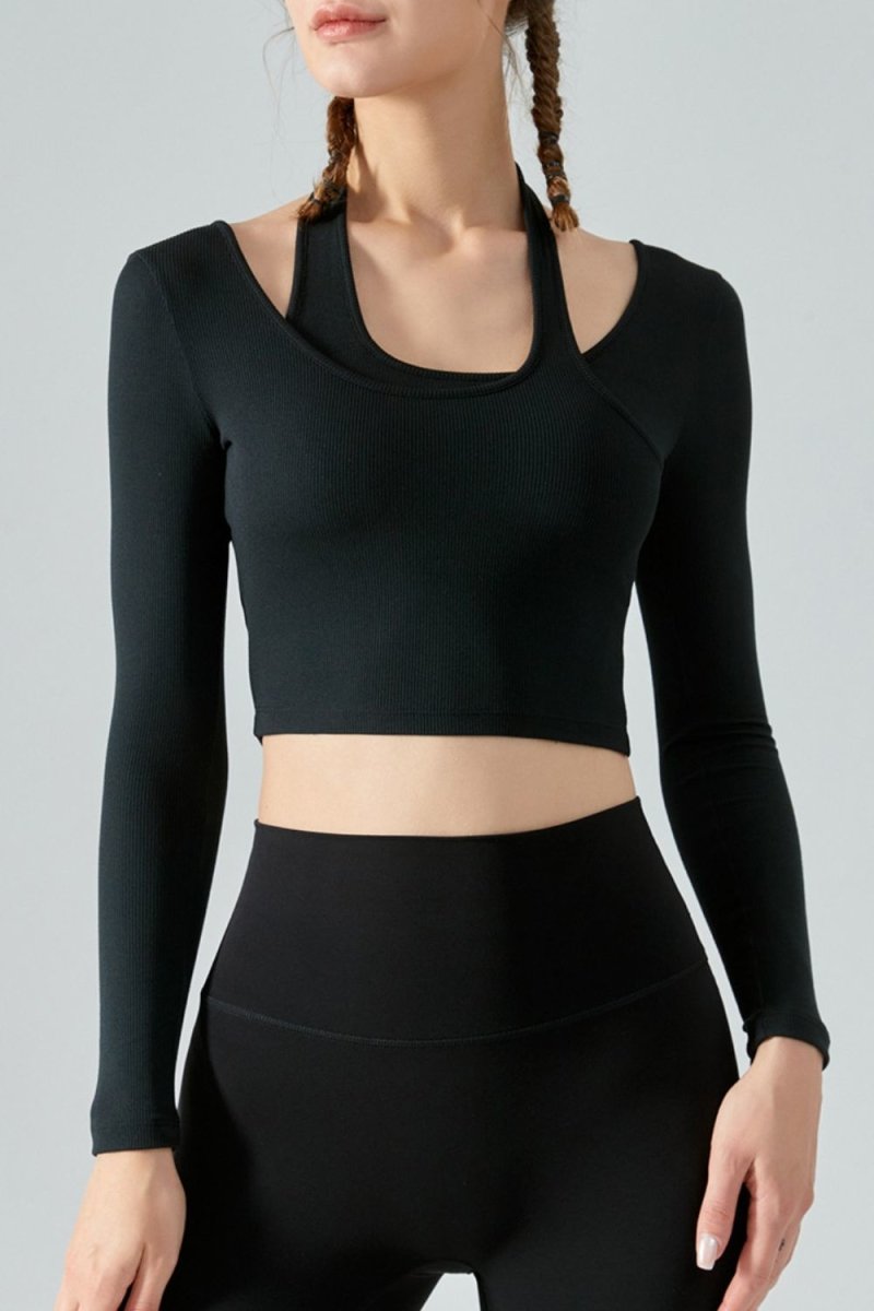 Halter Neck Long Sleeve Cropped Sports Top - TapLike