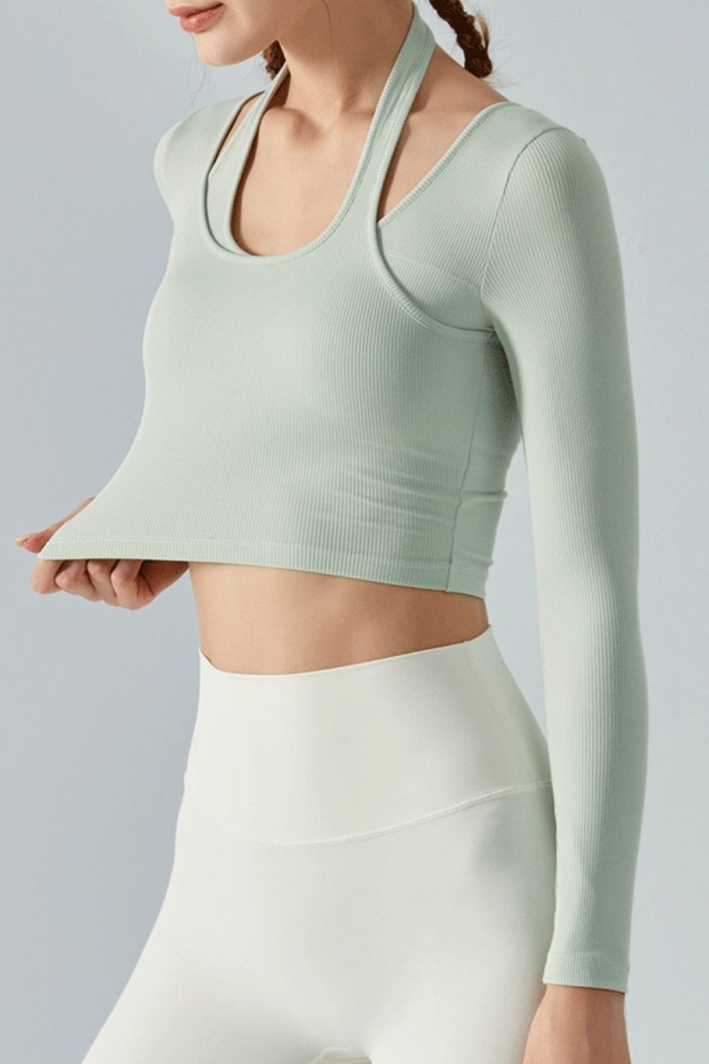 Halter Neck Long Sleeve Cropped Sports Top - TapLike