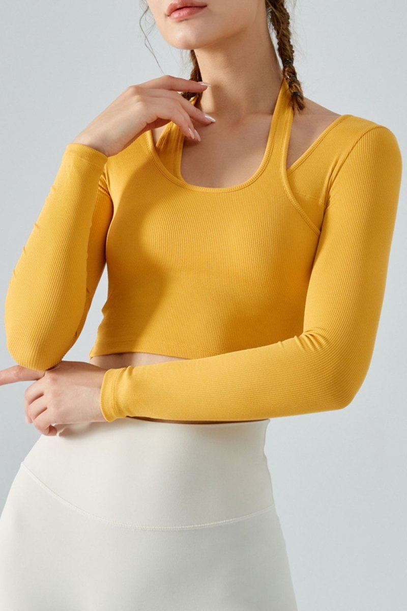 Halter Neck Long Sleeve Cropped Sports Top - TapLike