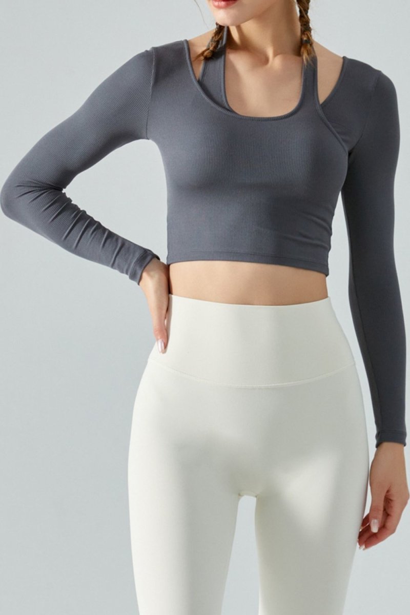 Halter Neck Long Sleeve Cropped Sports Top - TapLike