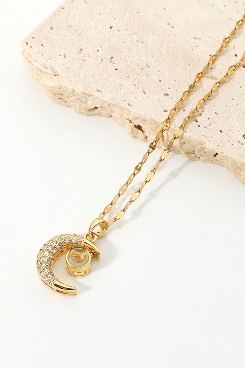 Inlaid Cubic Zirconia Moon Pendant Necklace - TapLike