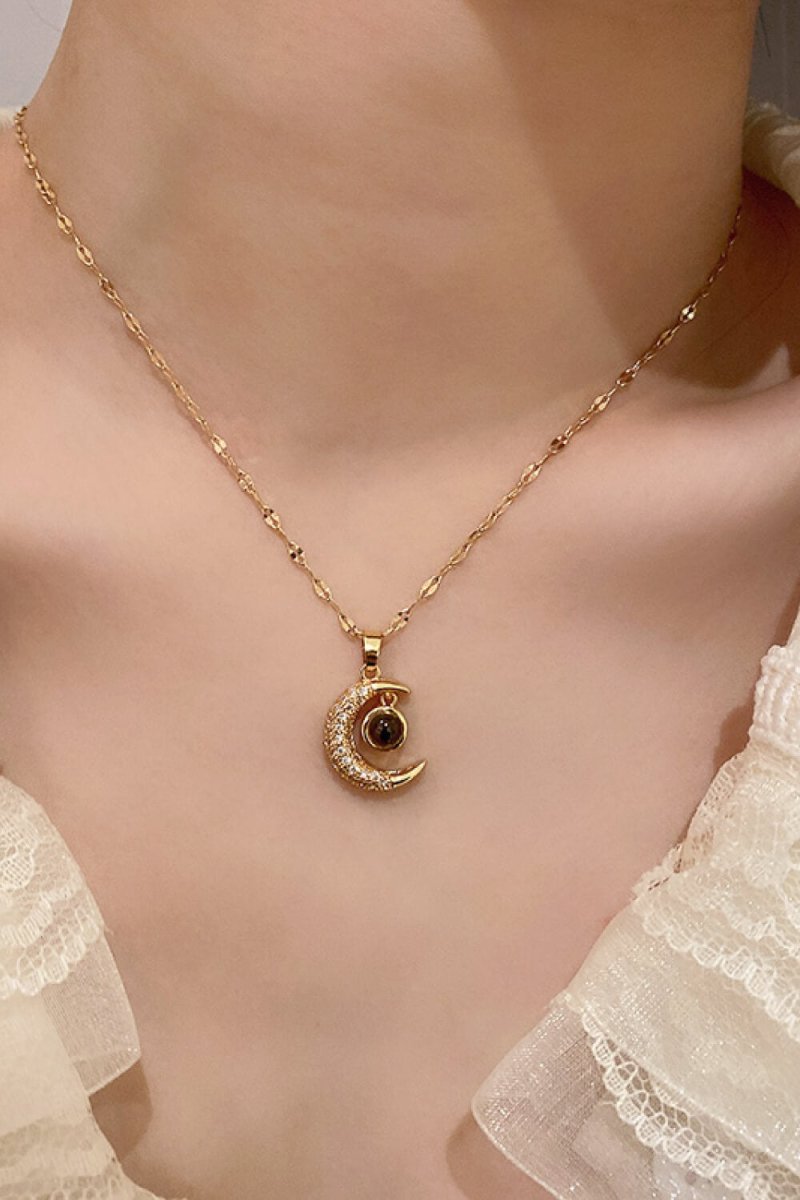 Inlaid Cubic Zirconia Moon Pendant Necklace - TapLike