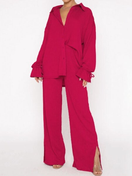 Lapel Long Sleeves Lace-Up Top Trouser Set HFHUZ2EEHM - TapLike