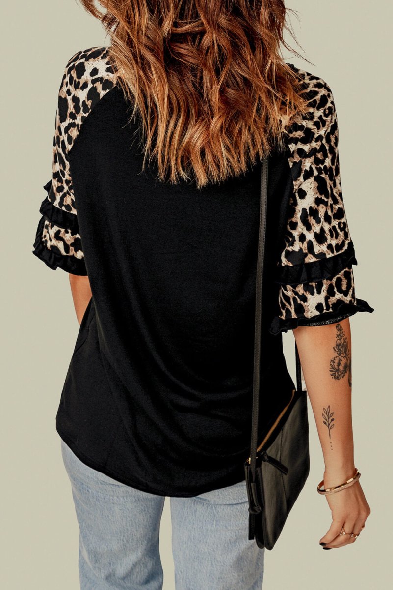 Leopard Contrast Ruffled Top 1001007765 - TapLike