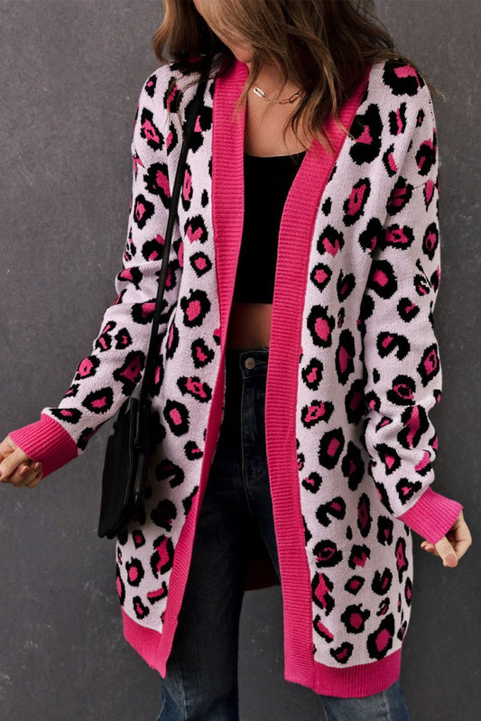 Leopard Contrast Trim Open Front Longline Cardigan - TapLike