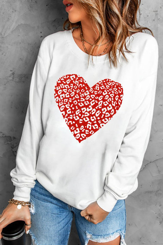 Leopard Heart Graphic Drop Shoulder Sweatshirt - TapLike