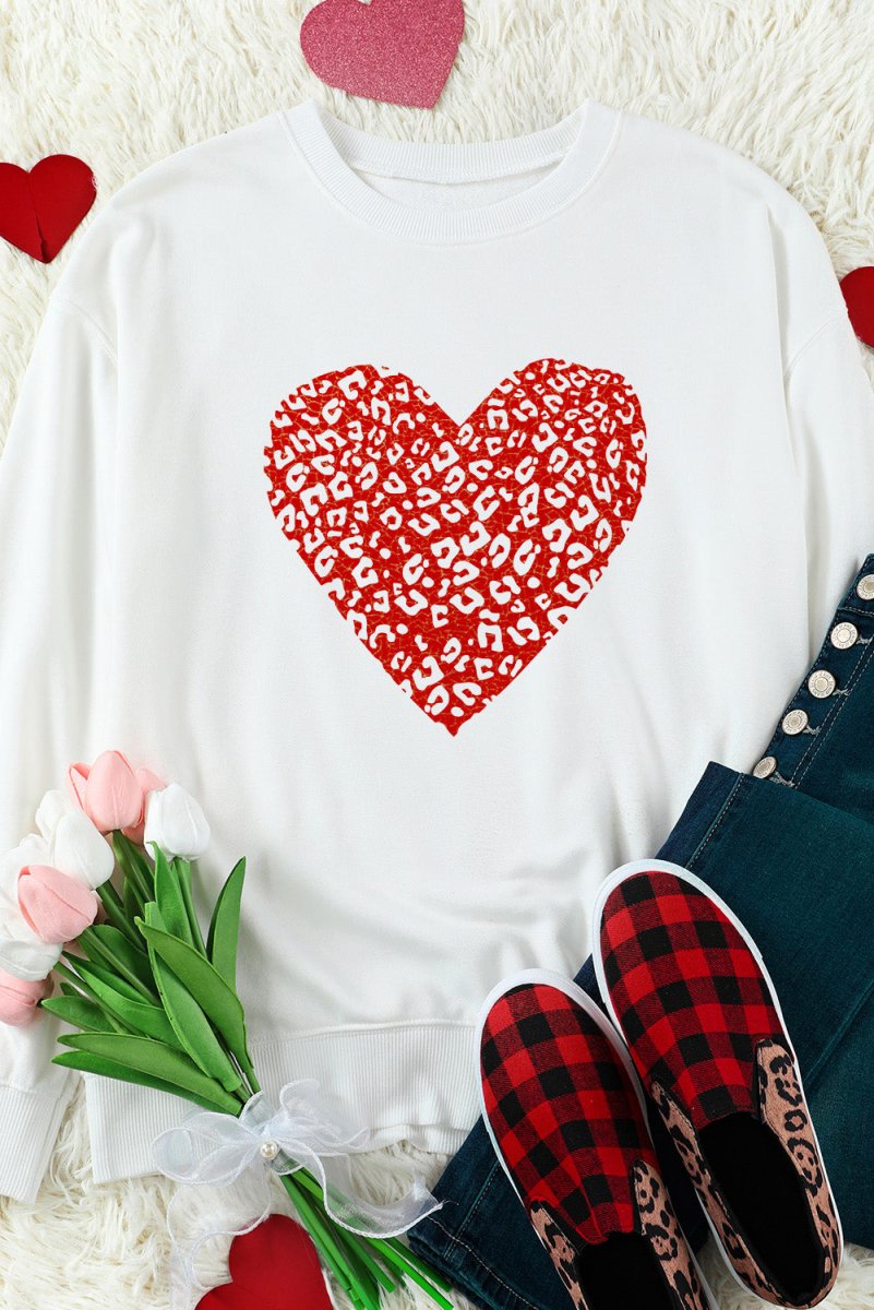 Leopard Heart Graphic Drop Shoulder Sweatshirt - TapLike