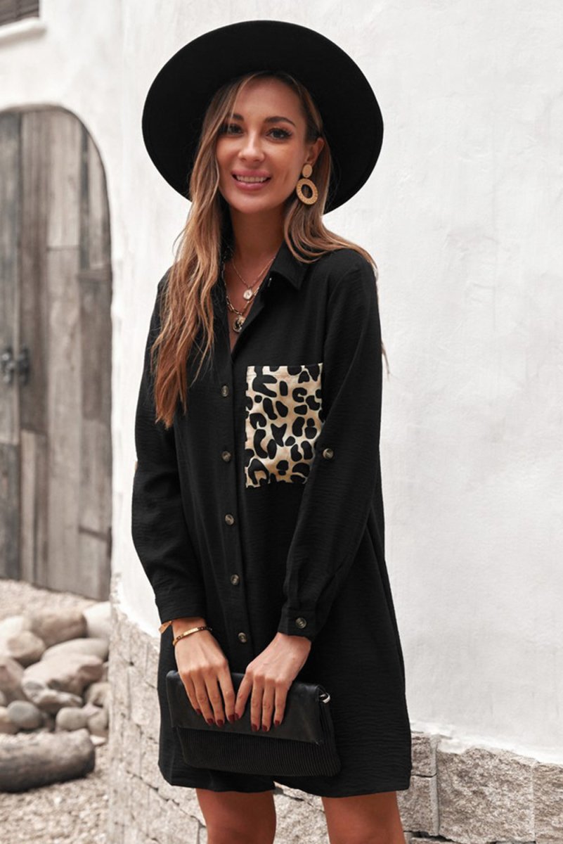 Leopard Patch Textured Shirt Dress - TapLike