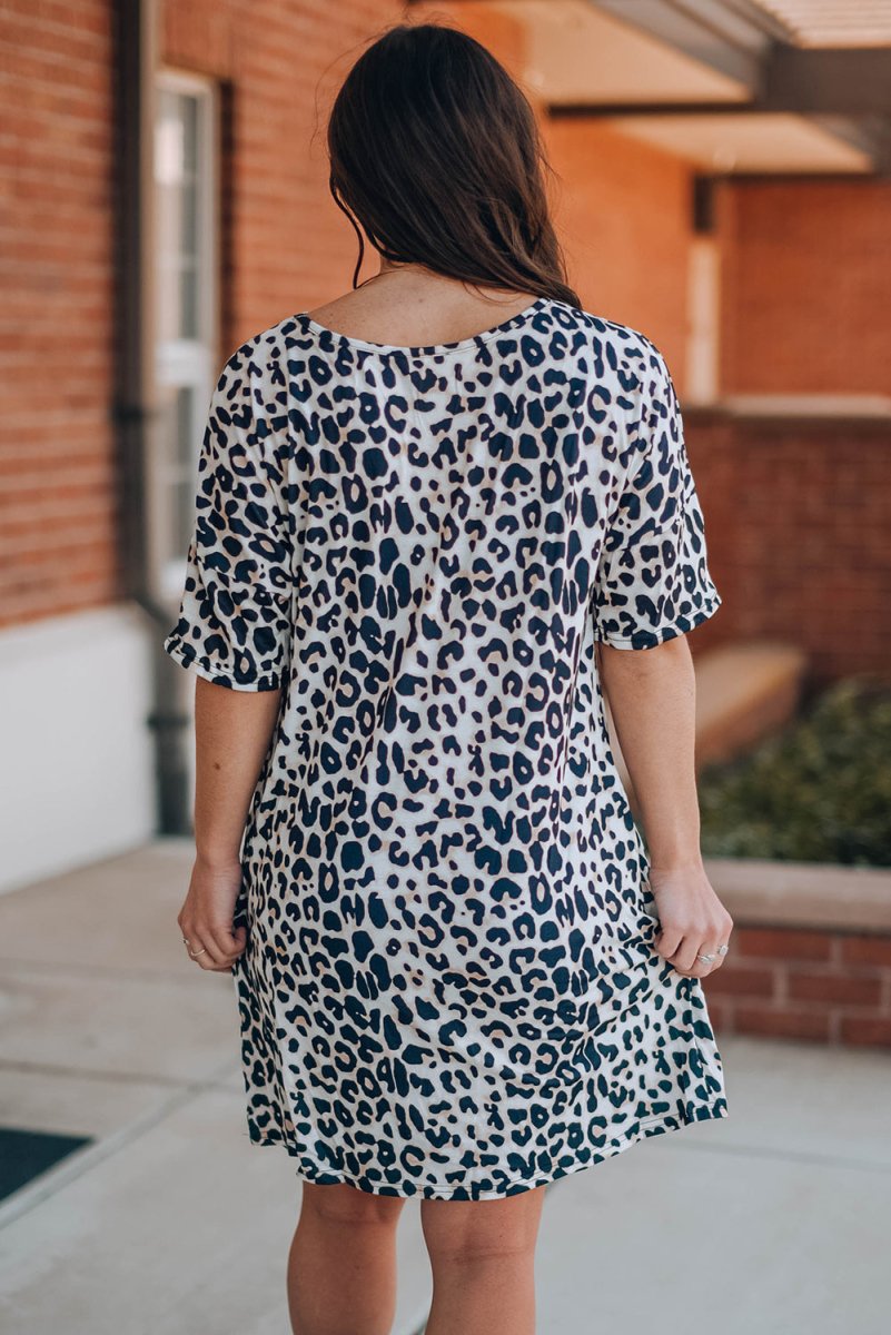 Leopard V-Neck Short Sleeve Mini Dress with Pockets - TapLike