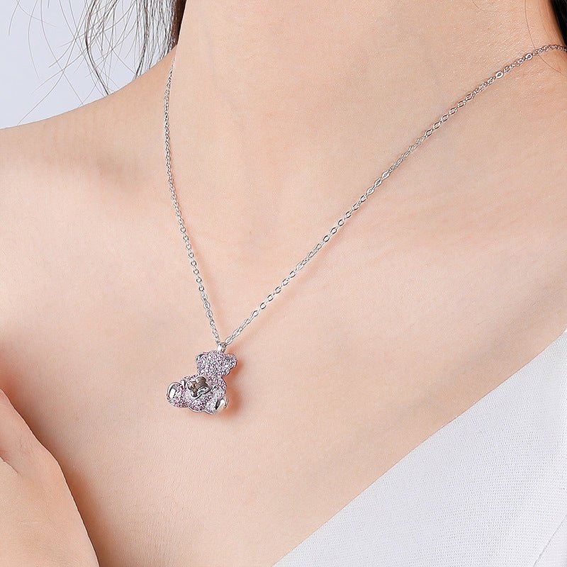 Lk Bear Necklace - S925 Silver with Pink Zircon, Four-leaf Clover Design | A2254-C - TapLike