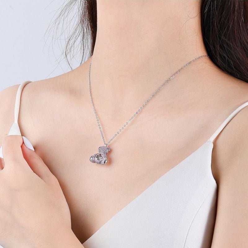 Lk Bear Necklace - S925 Silver with Pink Zircon, Four-leaf Clover Design | A2254-C - TapLike