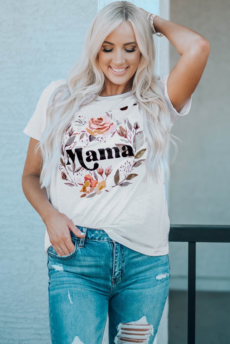 MAMA Floral Graphic Distressed Tee - TapLike