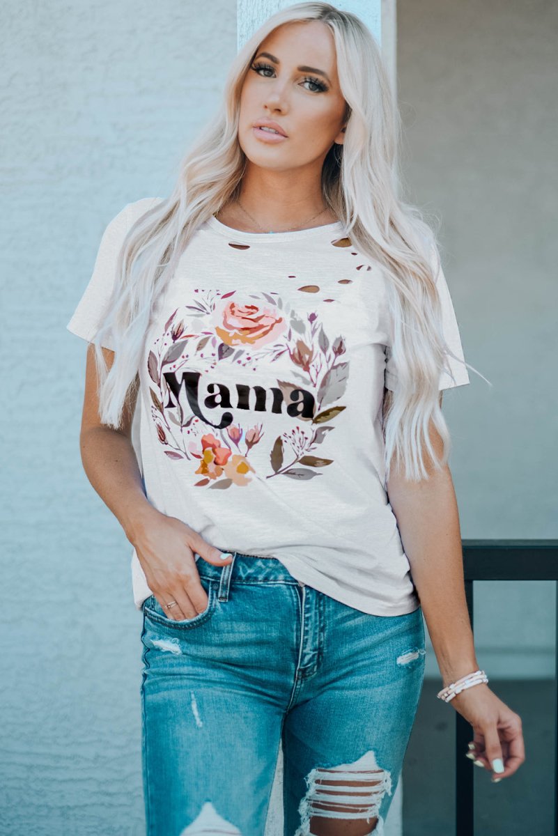 MAMA Floral Graphic Distressed Tee - TapLike
