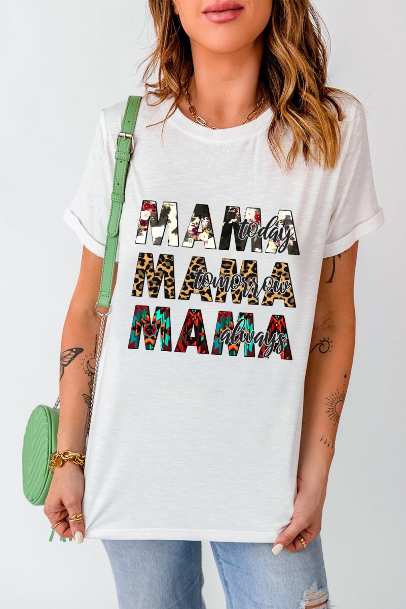 MAMA Graphic Cuffed Round Neck Tee Shirt - TapLike