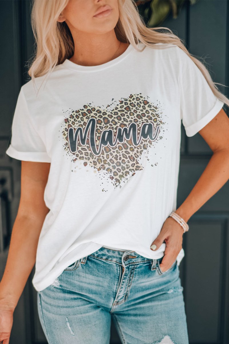 MAMA Leopard Heart Graphic Tee Shirt - TapLike